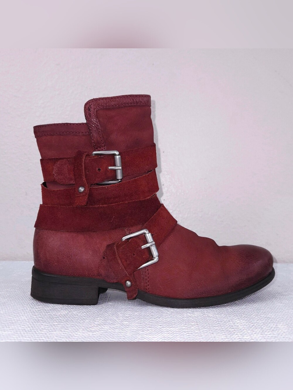 MIZ MOOZ Shane Moto Buckle Boots EU 38 Red Leather Ankle Booties